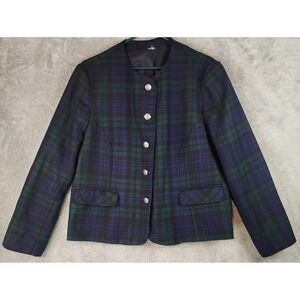 Edinburgh Jacket Womens 16 Blue Green Plaid Pure New Wool Collarless Blazer